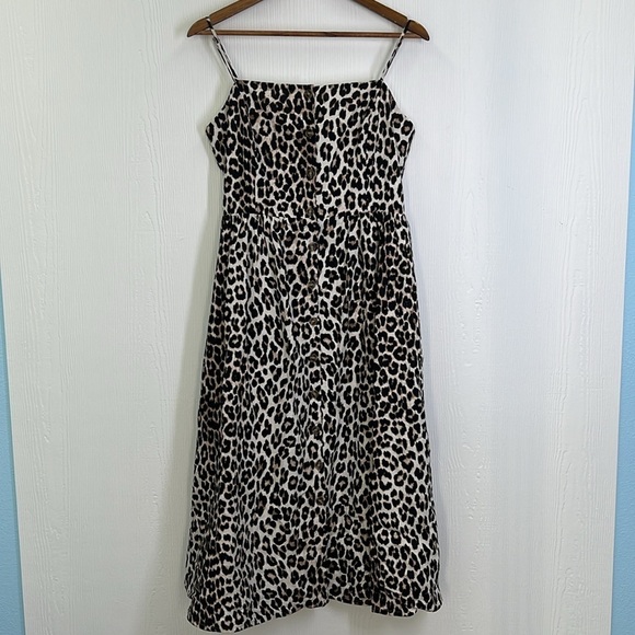 H&M - Linen Blend Cheetah Print Button Down Spaghetti Strap Lined Midi Dress M - Picture 7 of 11